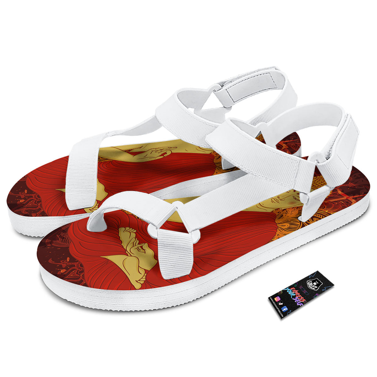 Buddha Statue Vintage Print White Open Toe Sandals-grizzshop