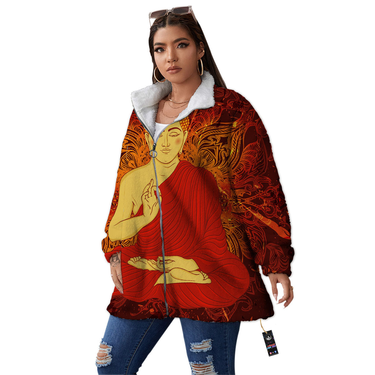 Buddha Statue Vintage Print Women's Sherpa Jacket-grizzshop