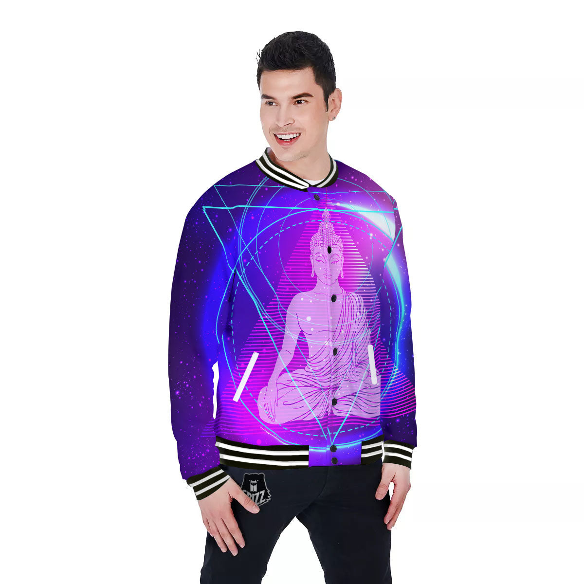Buddha Teal And Purple Print Baseball Jacket-grizzshop