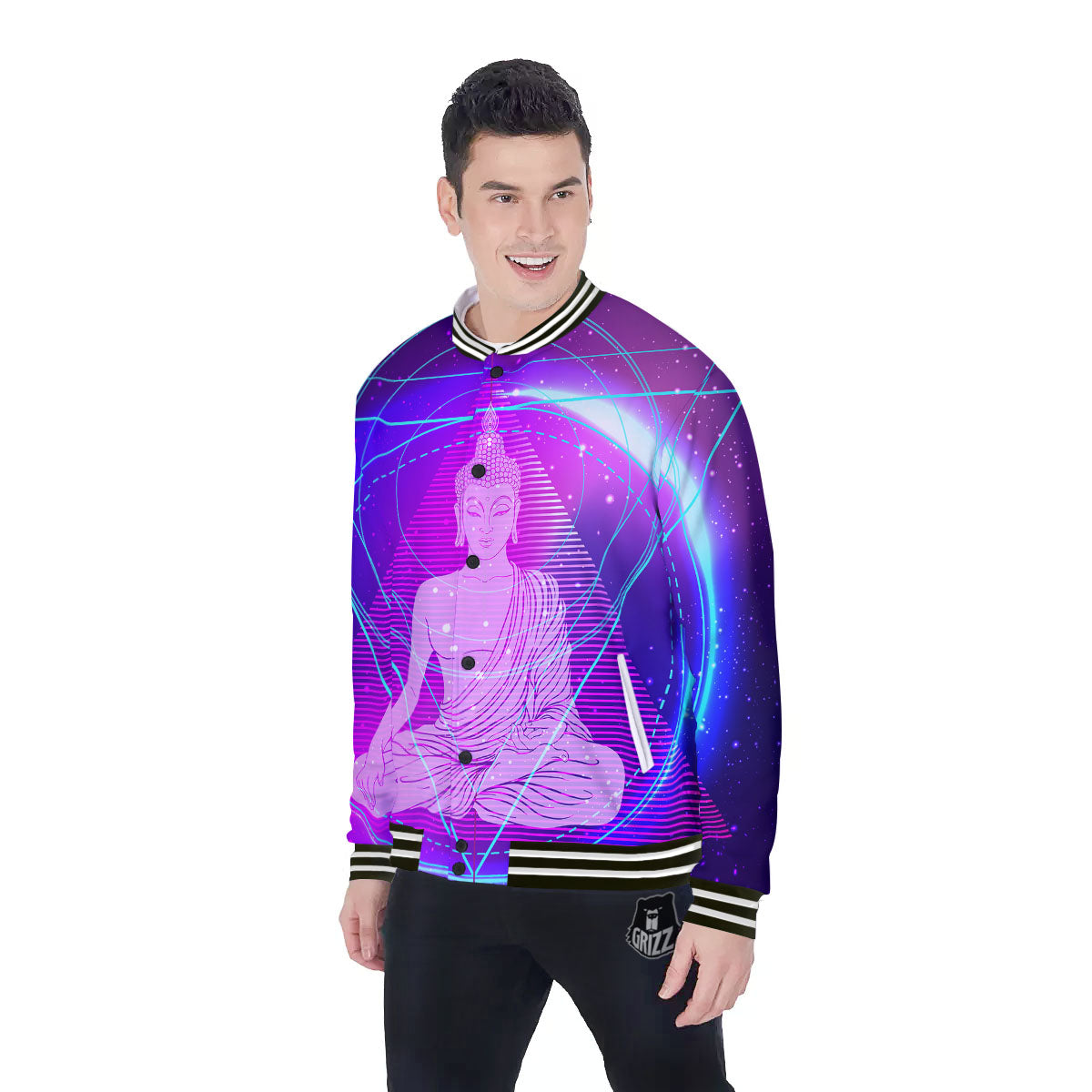 Buddha Teal And Purple Print Baseball Jacket-grizzshop