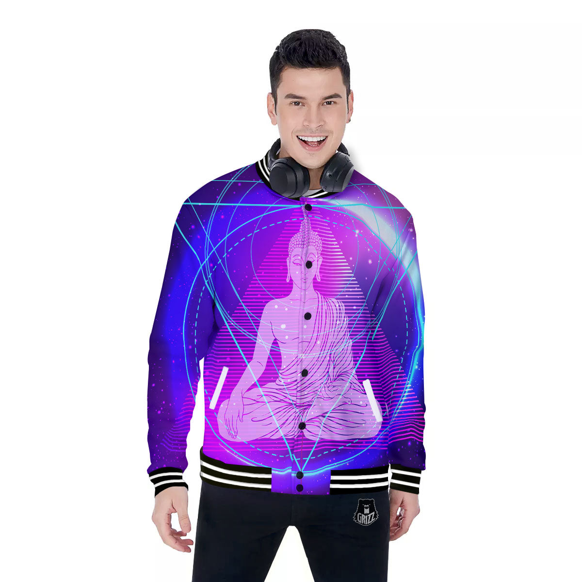Buddha Teal And Purple Print Baseball Jacket-grizzshop