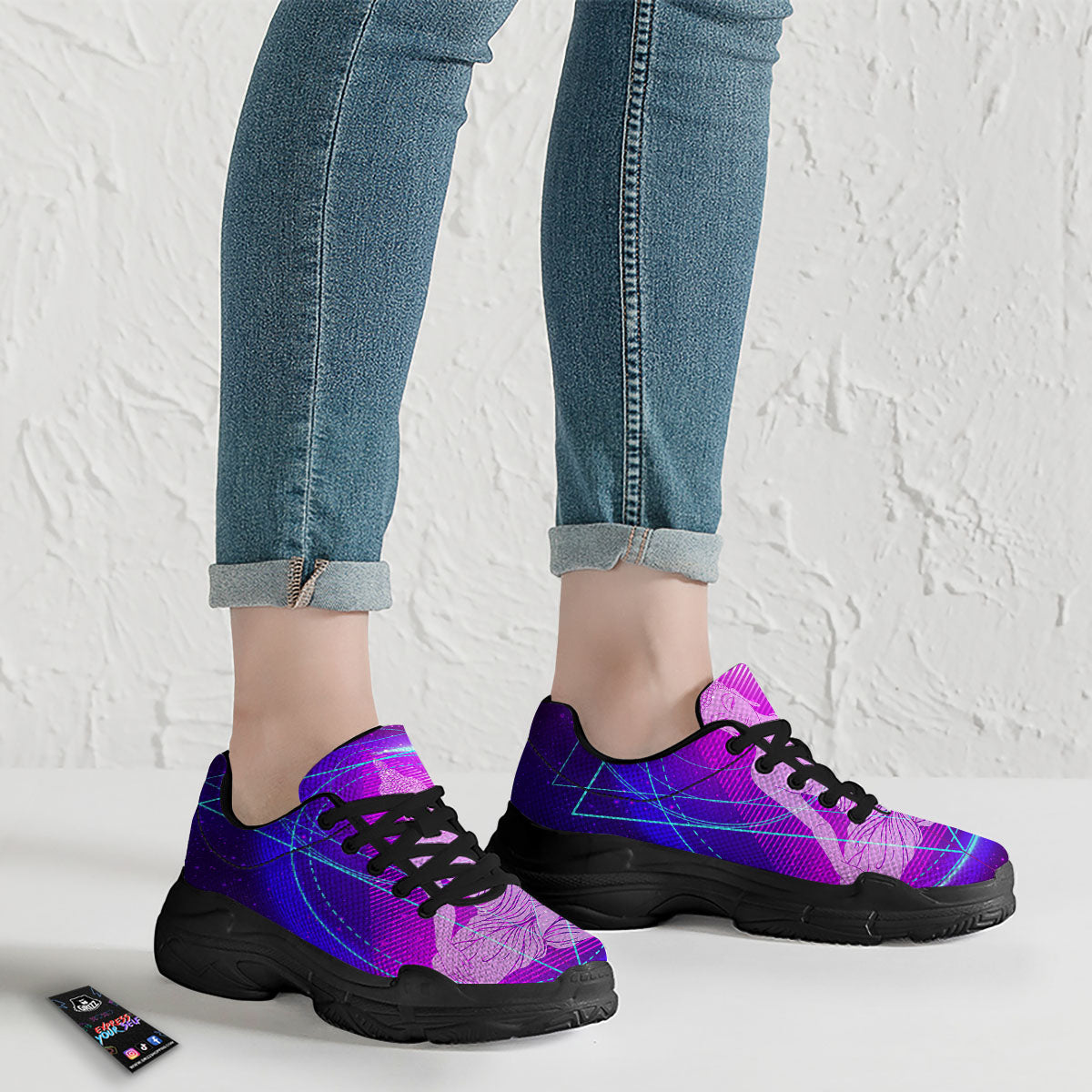 Buddha Teal And Purple Print Black Chunky Shoes-grizzshop