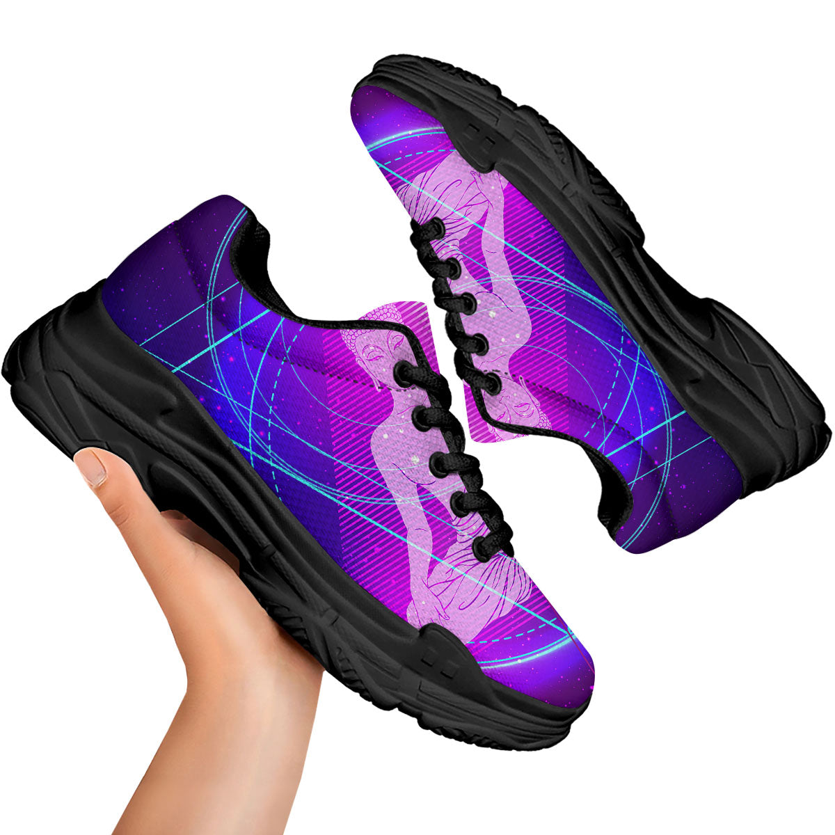 Buddha Teal And Purple Print Black Chunky Shoes-grizzshop