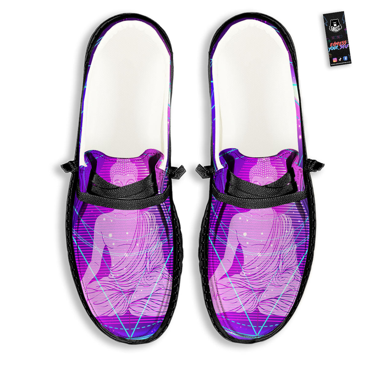Buddha Teal And Purple Print Black Loafers-grizzshop