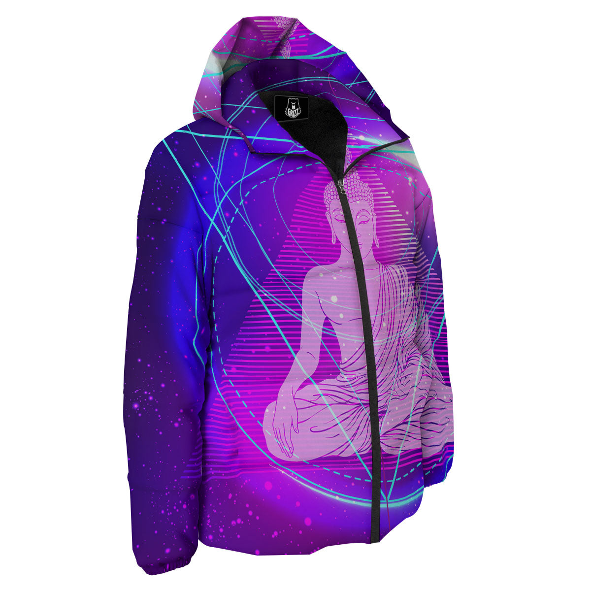 Buddha Teal And Purple Print Down Jacket-grizzshop