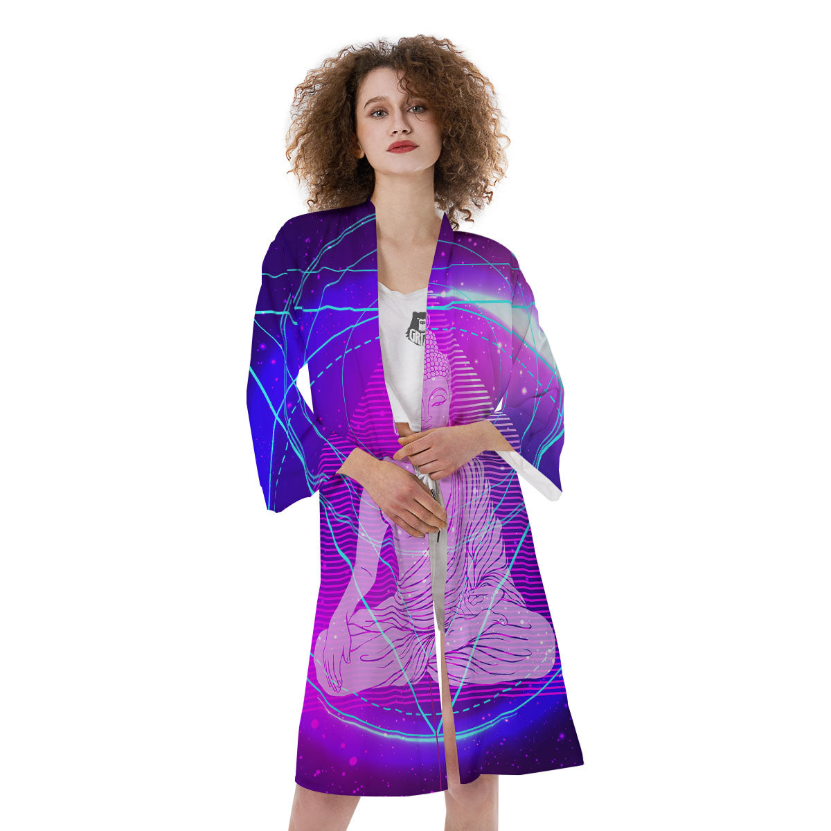 Buddha Teal And Purple Print Kimono-grizzshop