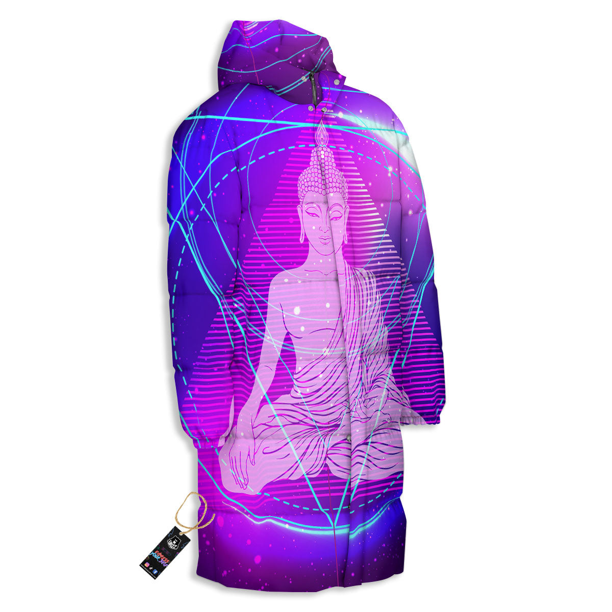 Buddha Teal And Purple Print Long Down Jacket-grizzshop