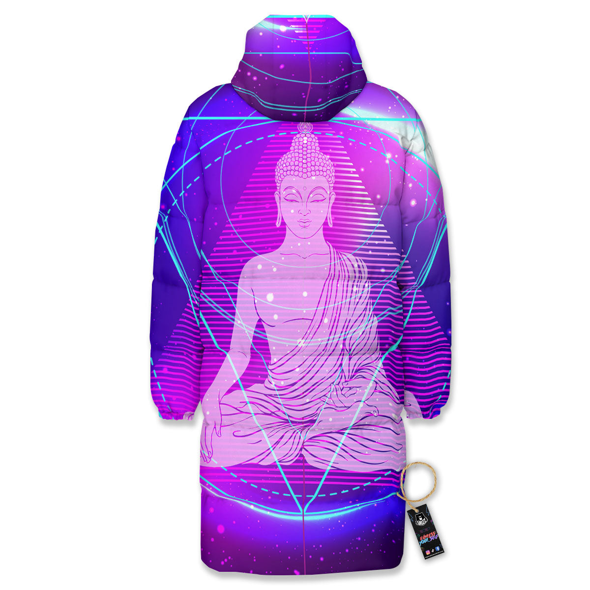Buddha Teal And Purple Print Long Down Jacket-grizzshop