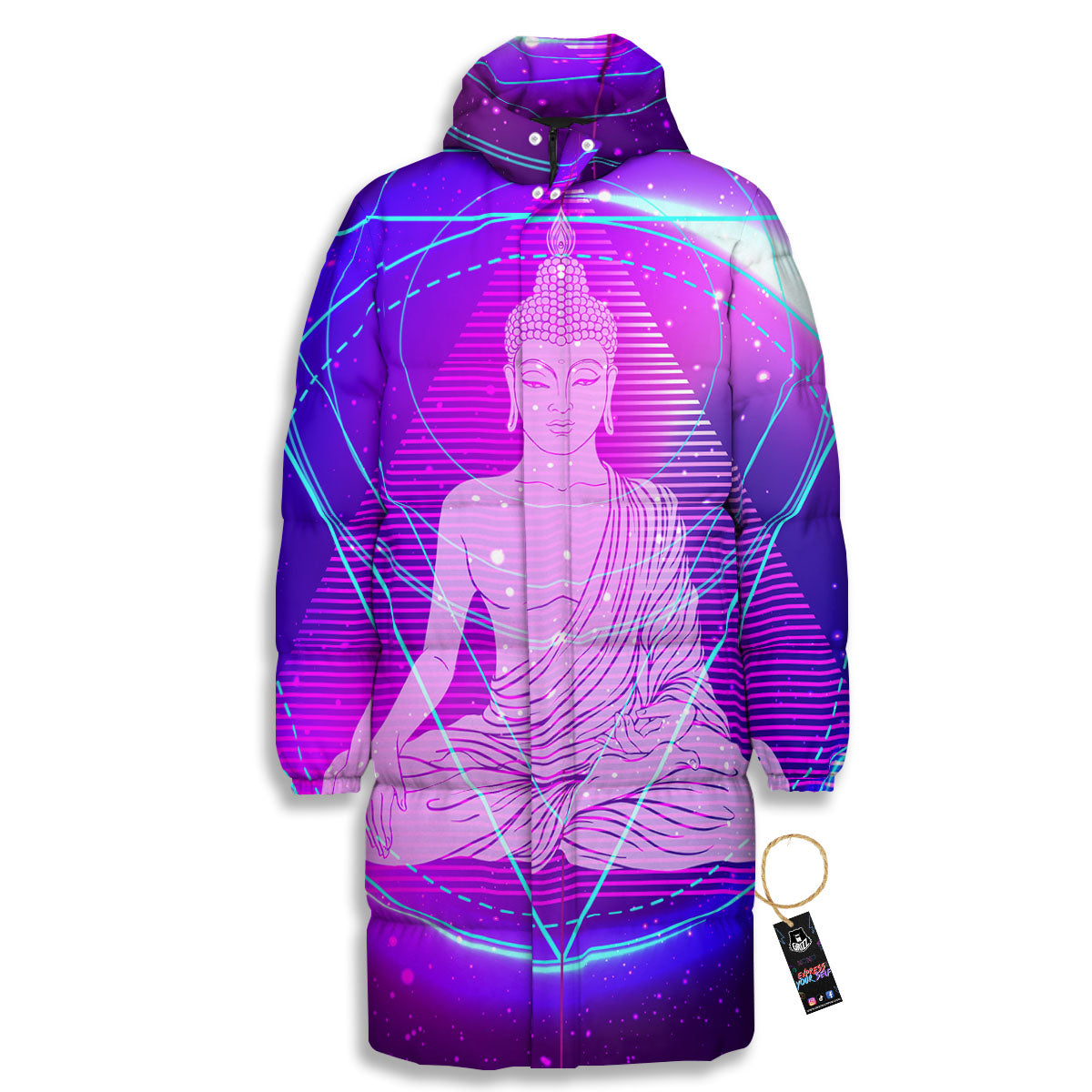 Buddha Teal And Purple Print Long Down Jacket-grizzshop