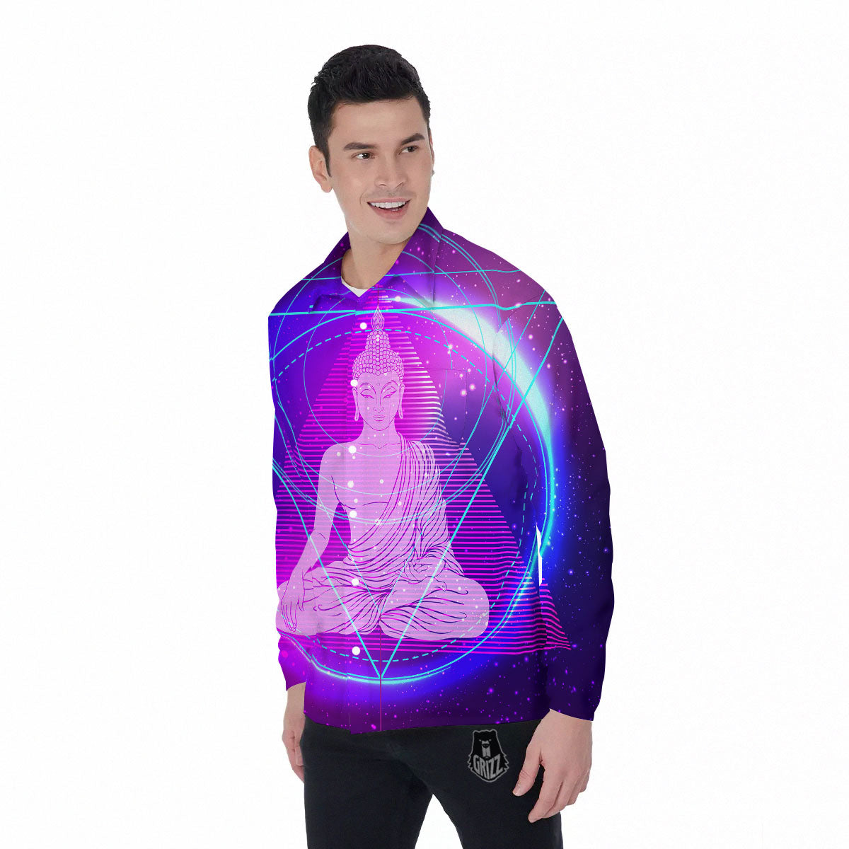 Buddha Teal And Purple Print Men's Long Sleeve Shirts-grizzshop