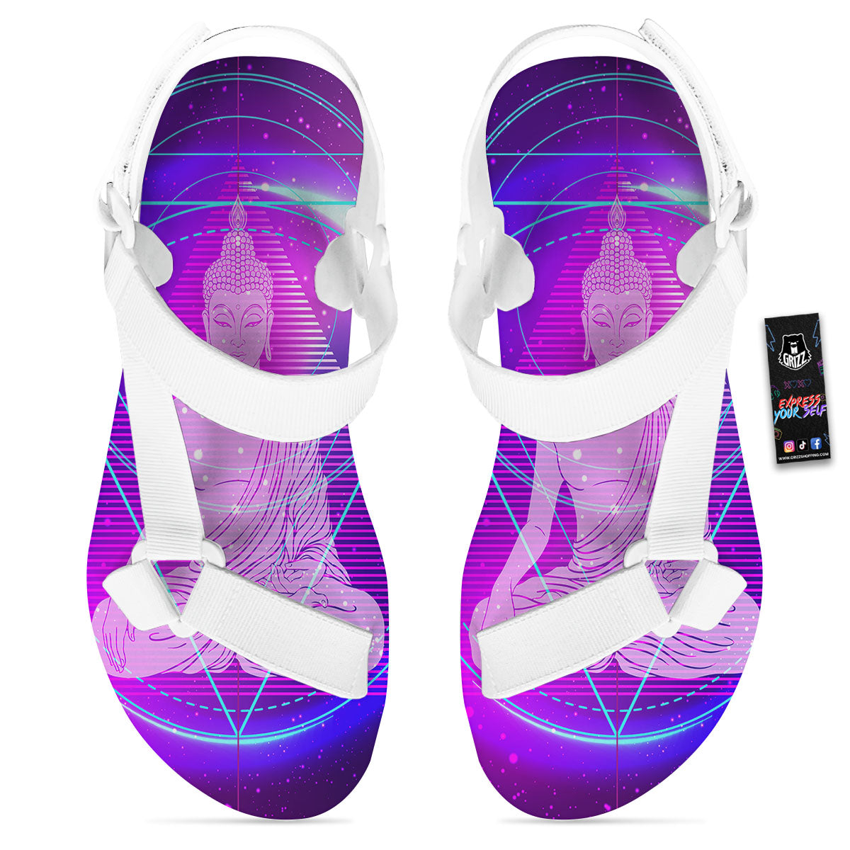 Buddha Teal And Purple Print White Open Toe Sandals-grizzshop