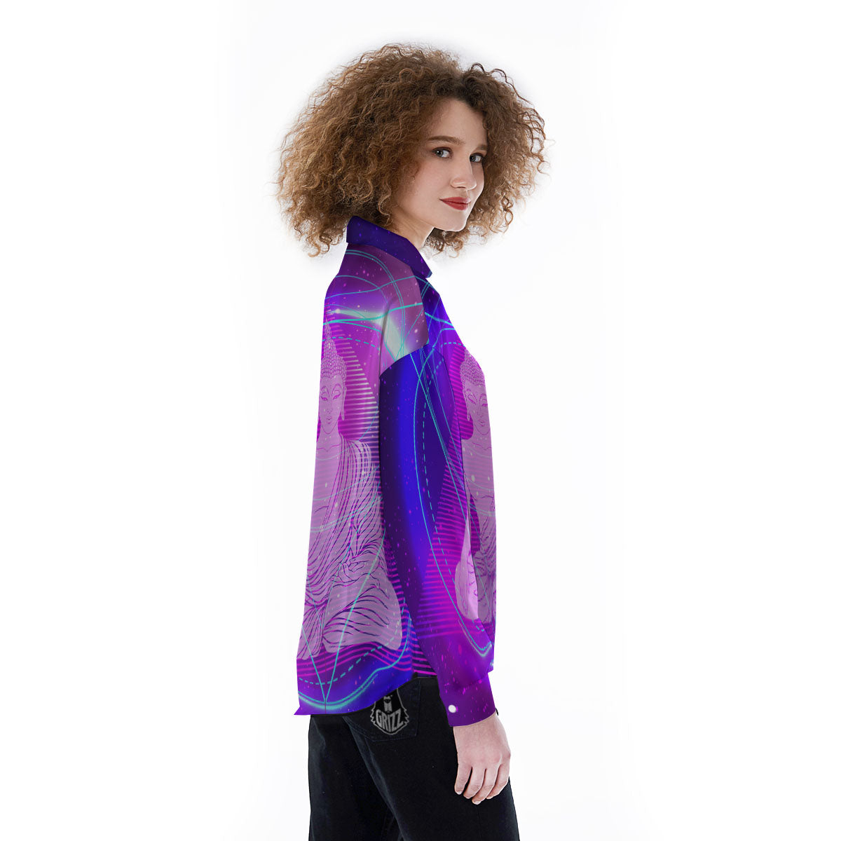 Buddha Teal And Purple Print Women's Long Sleeve Shirts-grizzshop