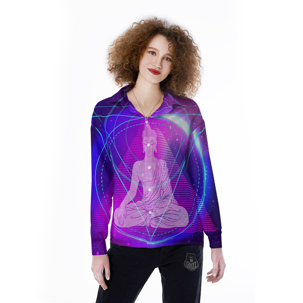 Buddha Teal And Purple Print Women's Long Sleeve Shirts-grizzshop