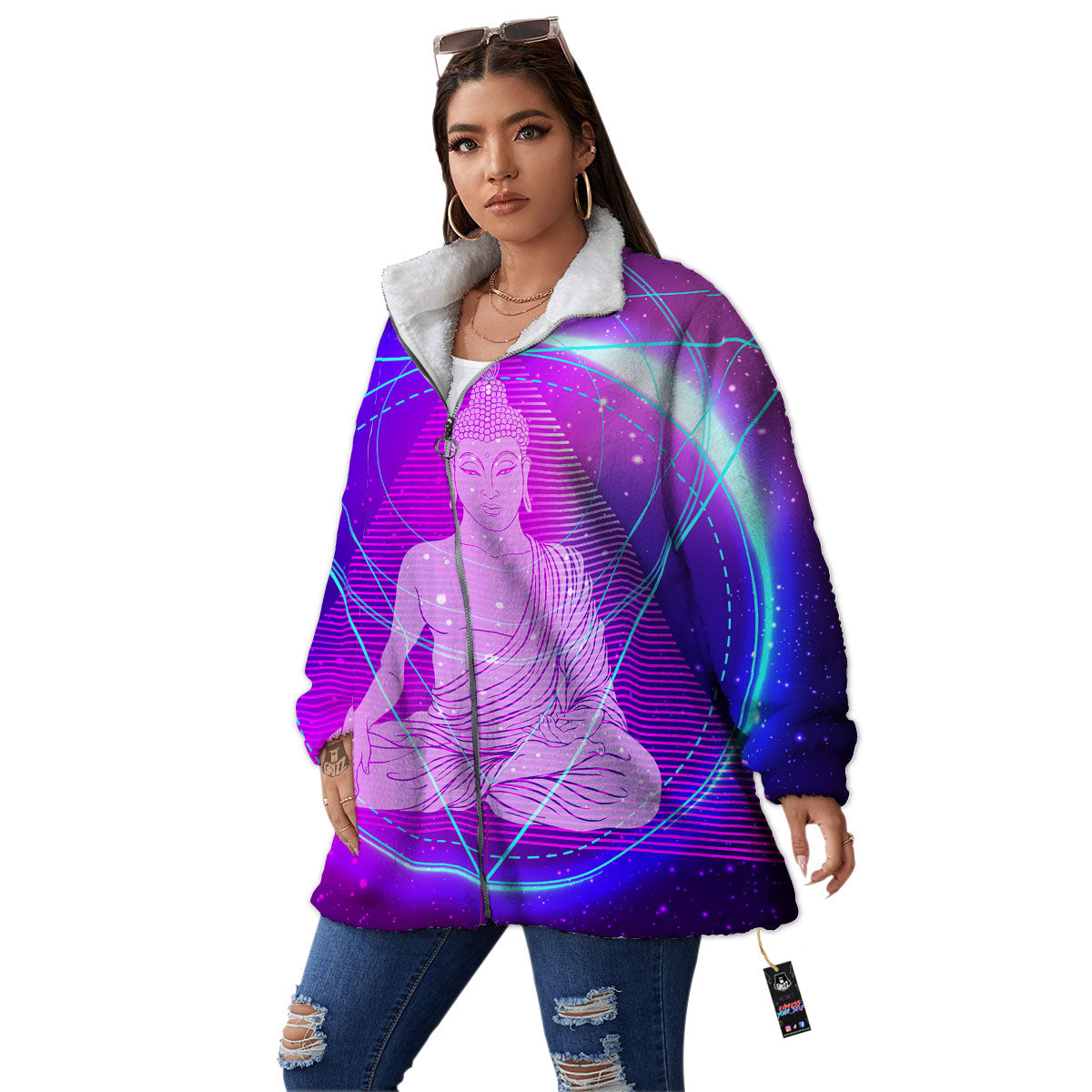 Buddha Teal And Purple Print Women's Sherpa Jacket-grizzshop