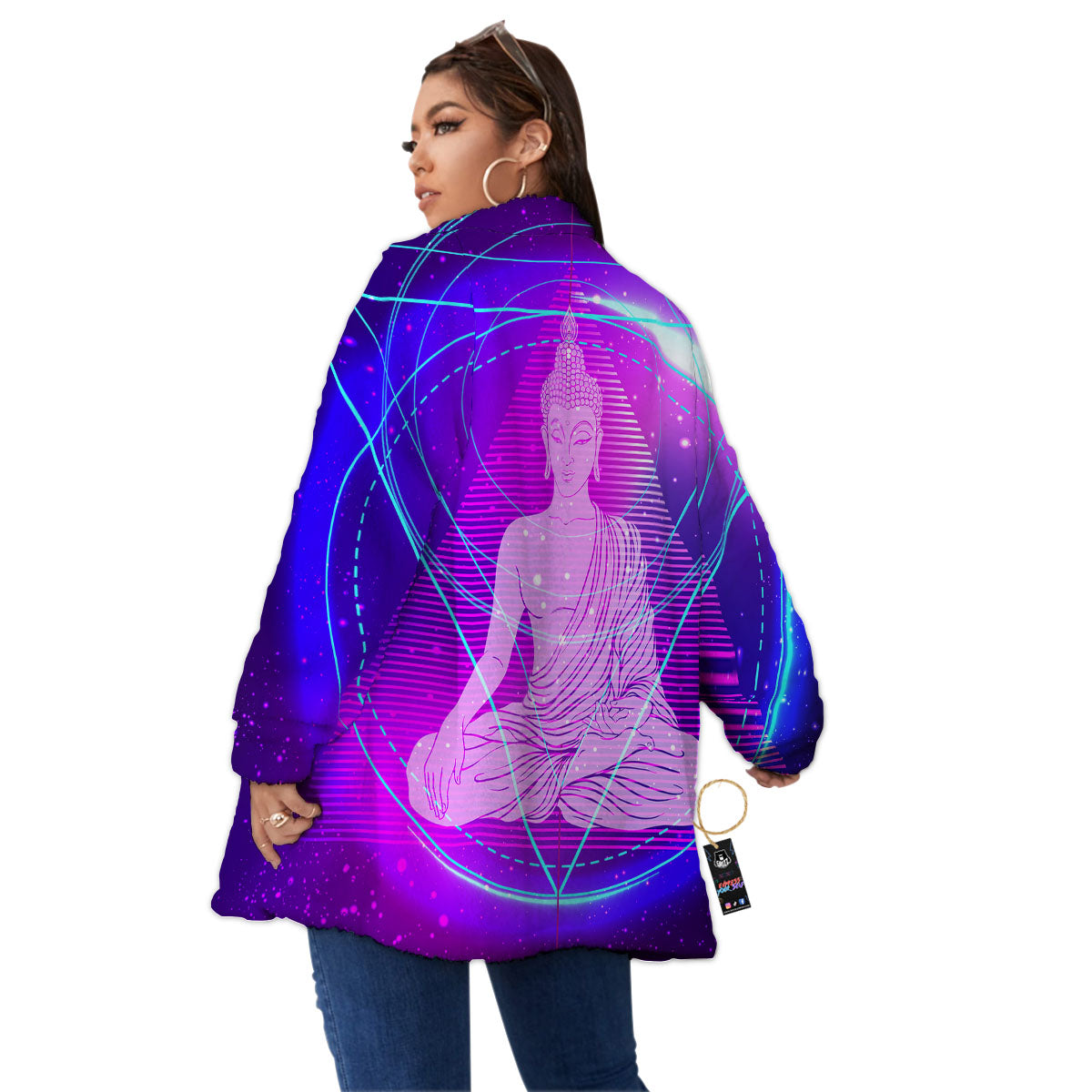 Buddha Teal And Purple Print Women's Sherpa Jacket-grizzshop