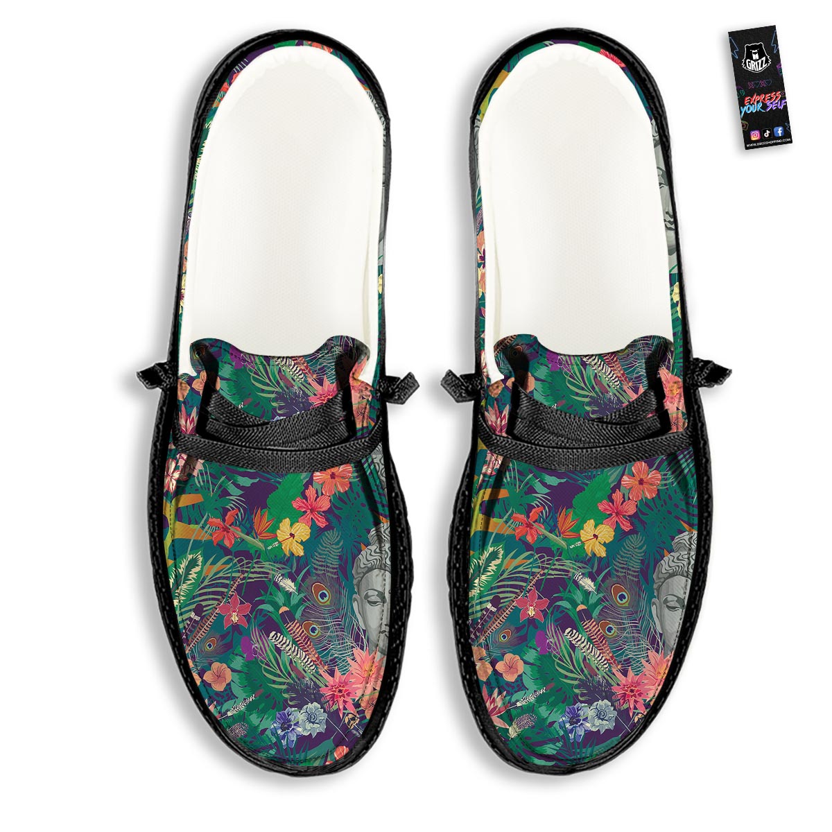 Buddha Tropical Print Pattern Black Loafers-grizzshop