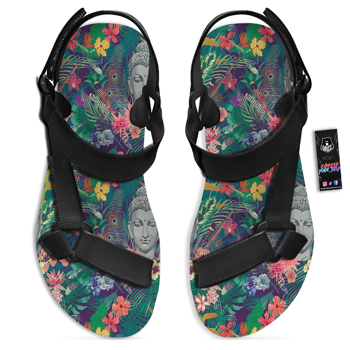 Buddha Tropical Print Pattern Black Open Toe Sandals-grizzshop