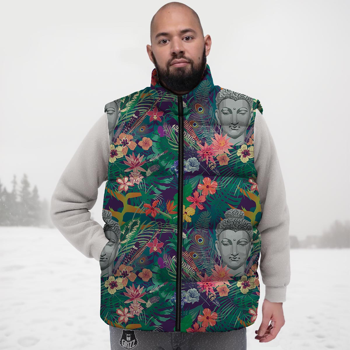 Buddha Tropical Print Pattern Down Vest-grizzshop