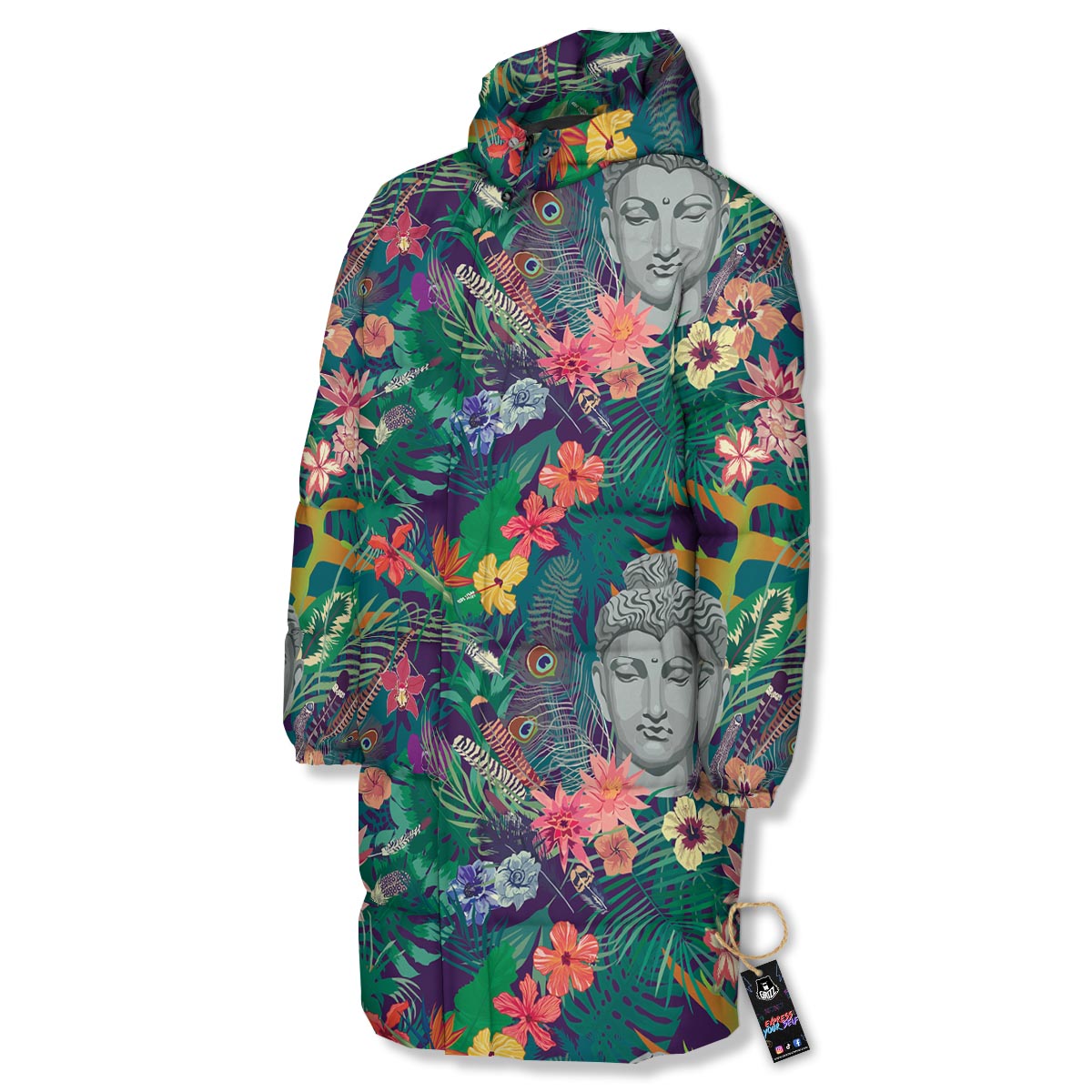 Buddha Tropical Print Pattern Long Down Jacket-grizzshop