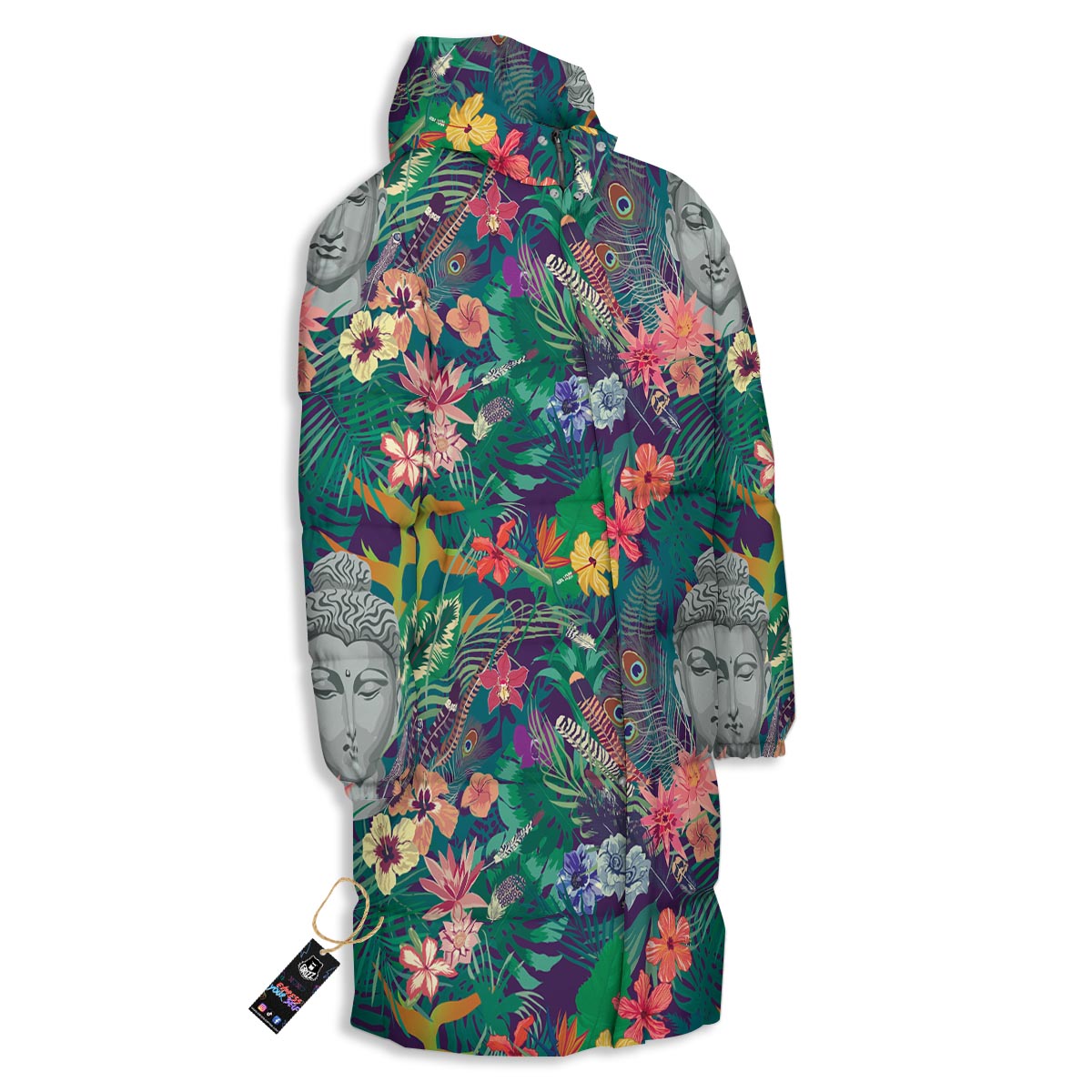 Buddha Tropical Print Pattern Long Down Jacket-grizzshop