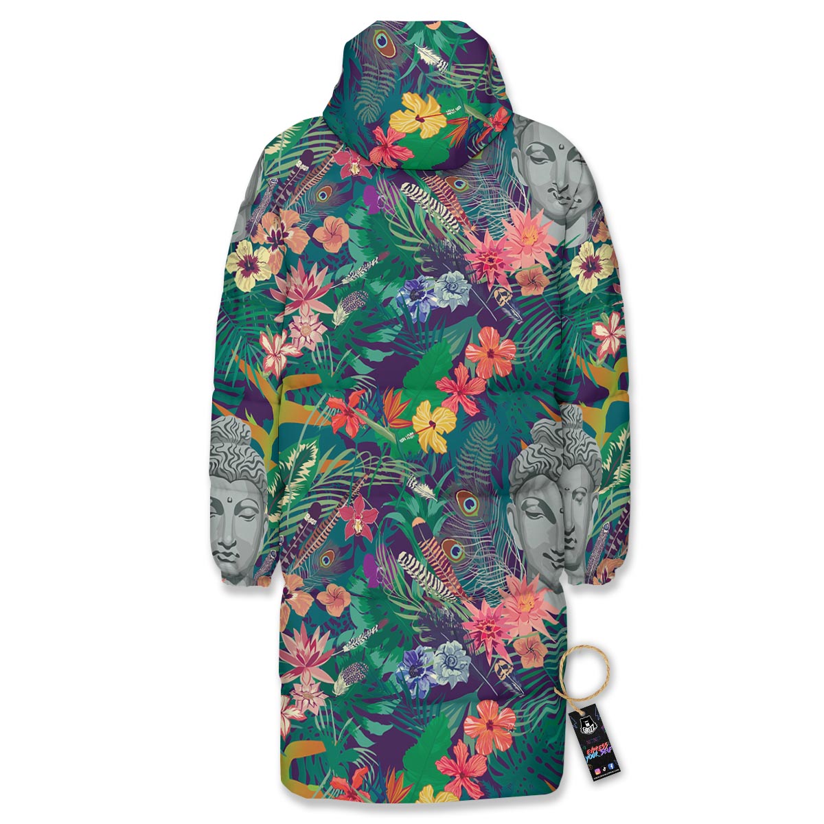 Buddha Tropical Print Pattern Long Down Jacket-grizzshop