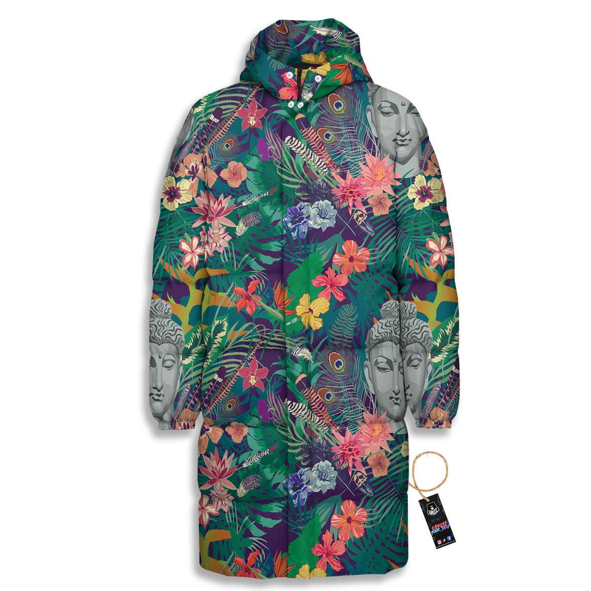 Buddha Tropical Print Pattern Long Down Jacket-grizzshop