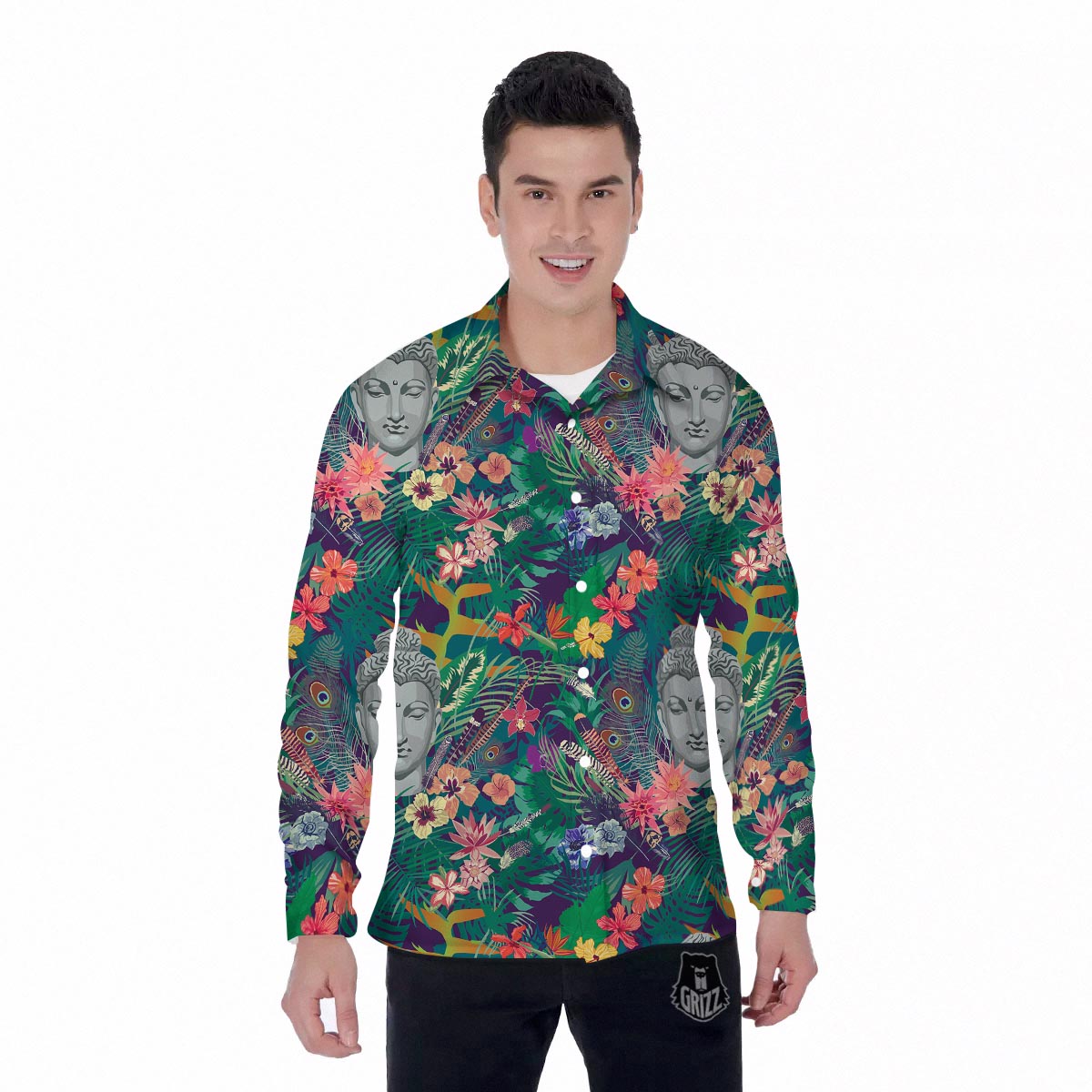 Buddha Tropical Print Pattern Men's Long Sleeve Shirts-grizzshop