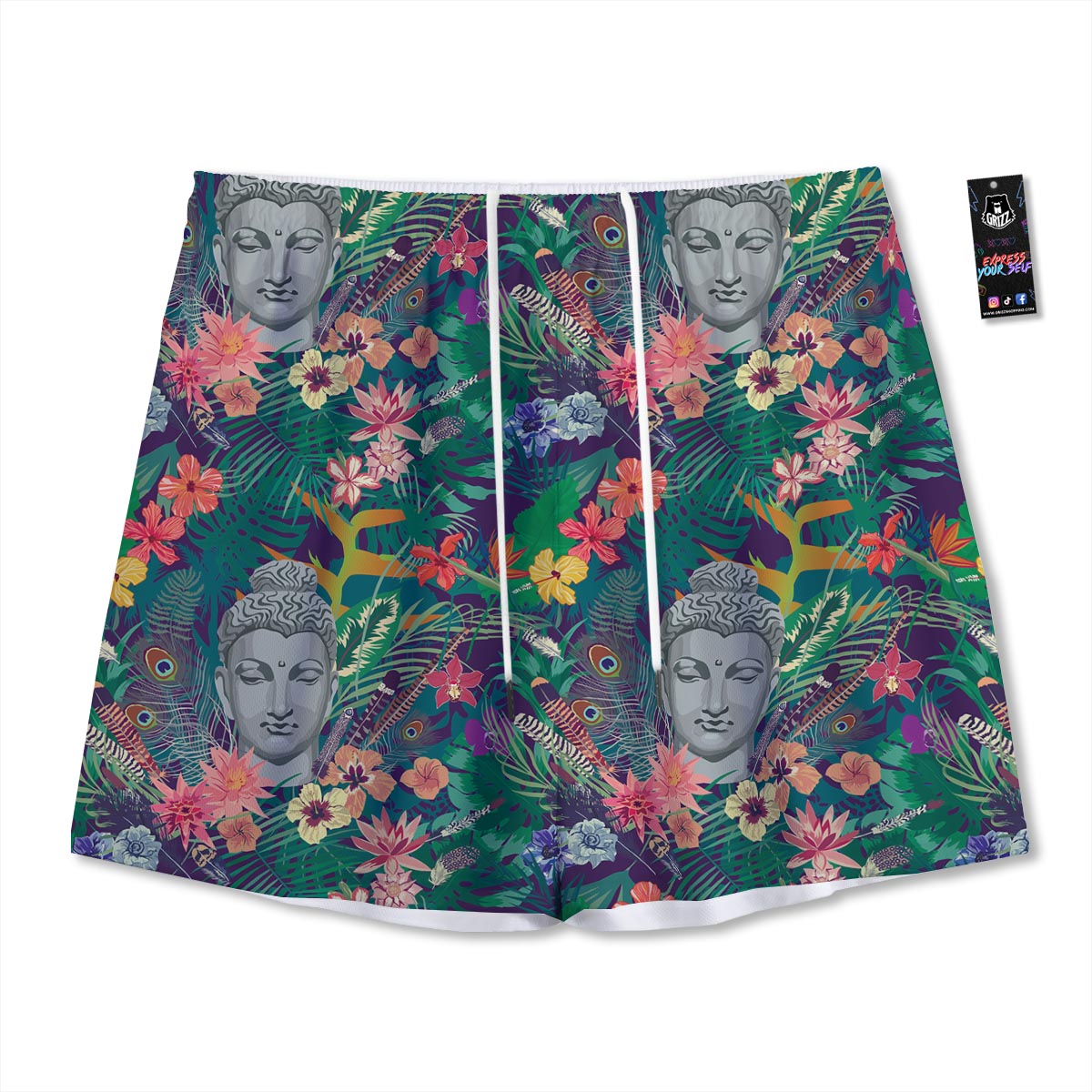 Buddha Tropical Print Pattern Mesh Shorts-grizzshop