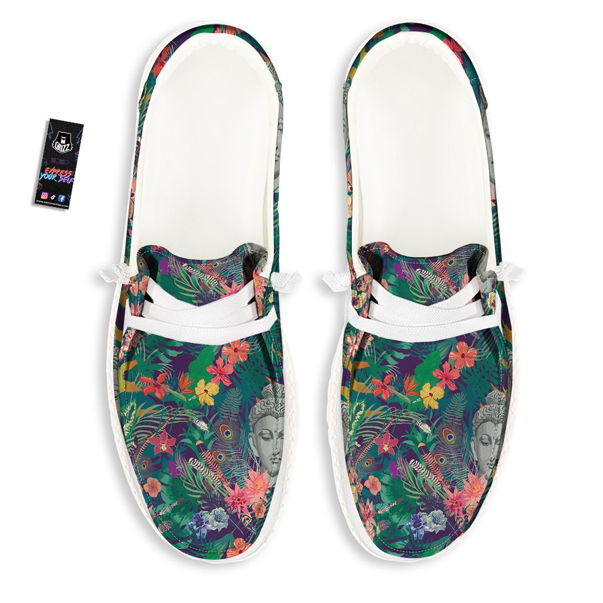 Buddha Tropical Print Pattern White Loafers-grizzshop