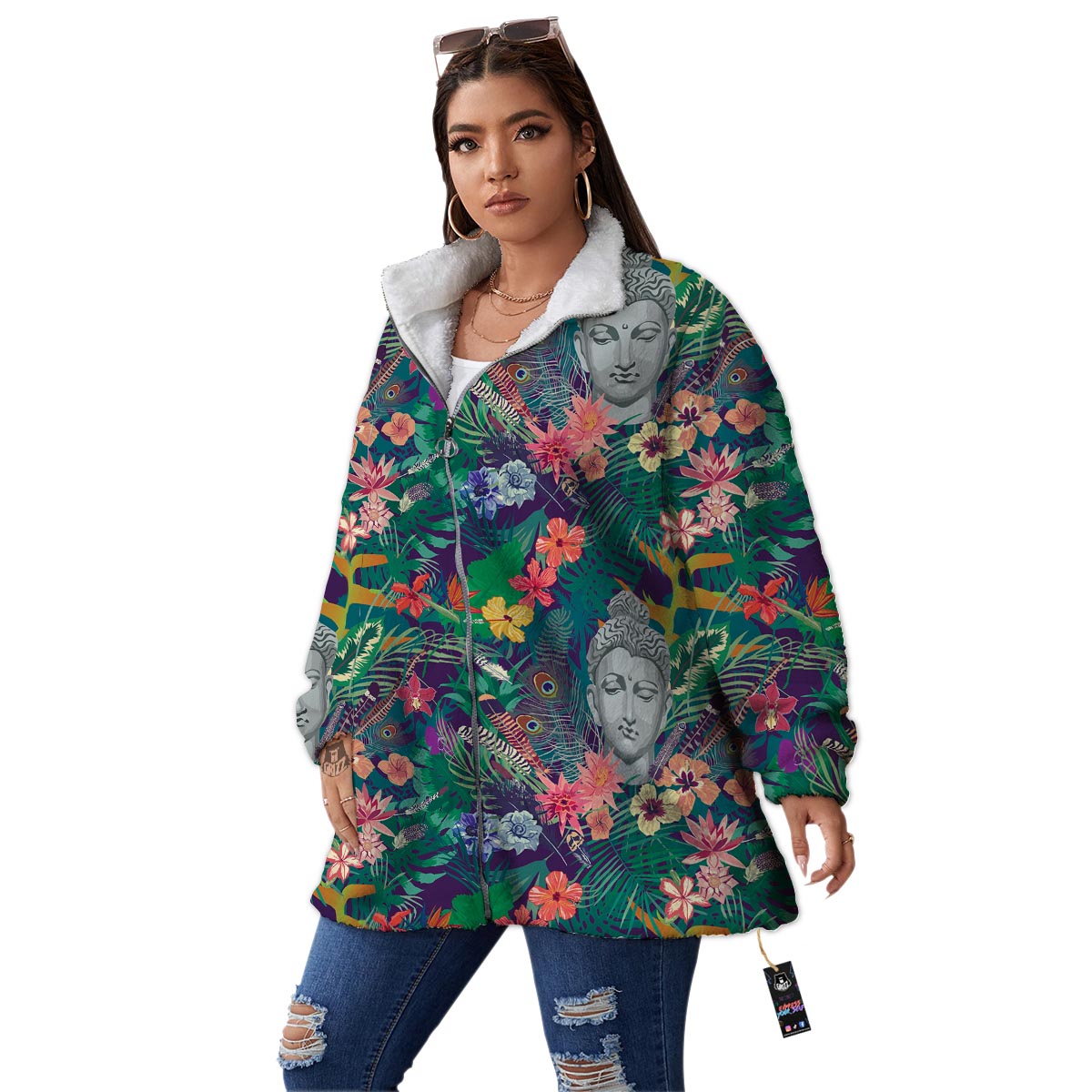 Buddha Tropical Print Pattern Women's Sherpa Jacket-grizzshop