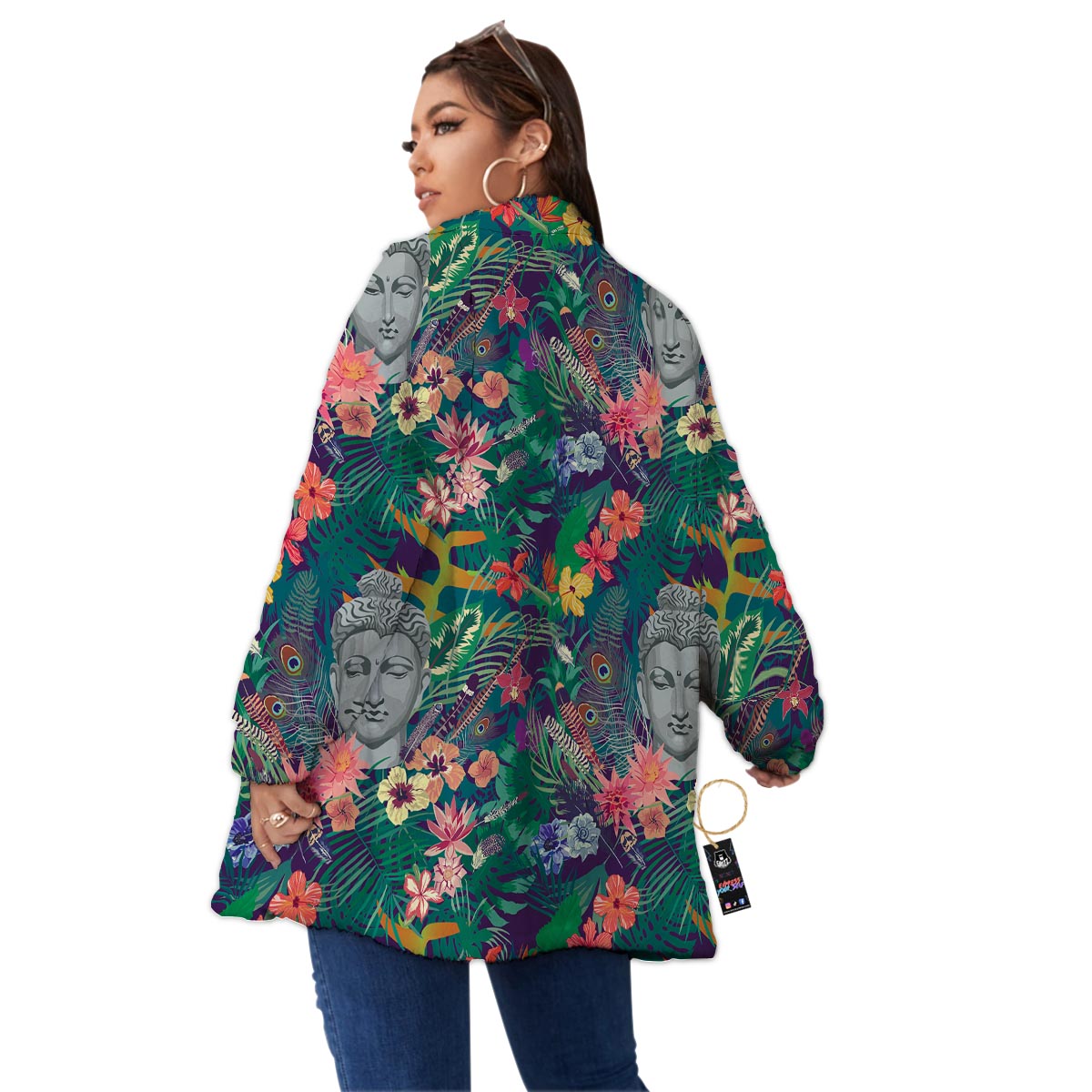 Buddha Tropical Print Pattern Women's Sherpa Jacket-grizzshop