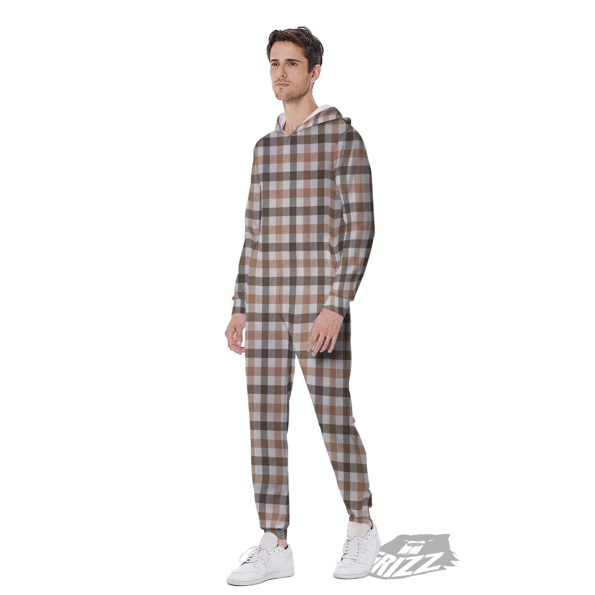 Buffalo Check Beige And Brown Print Men's Jumpsuit-grizzshop