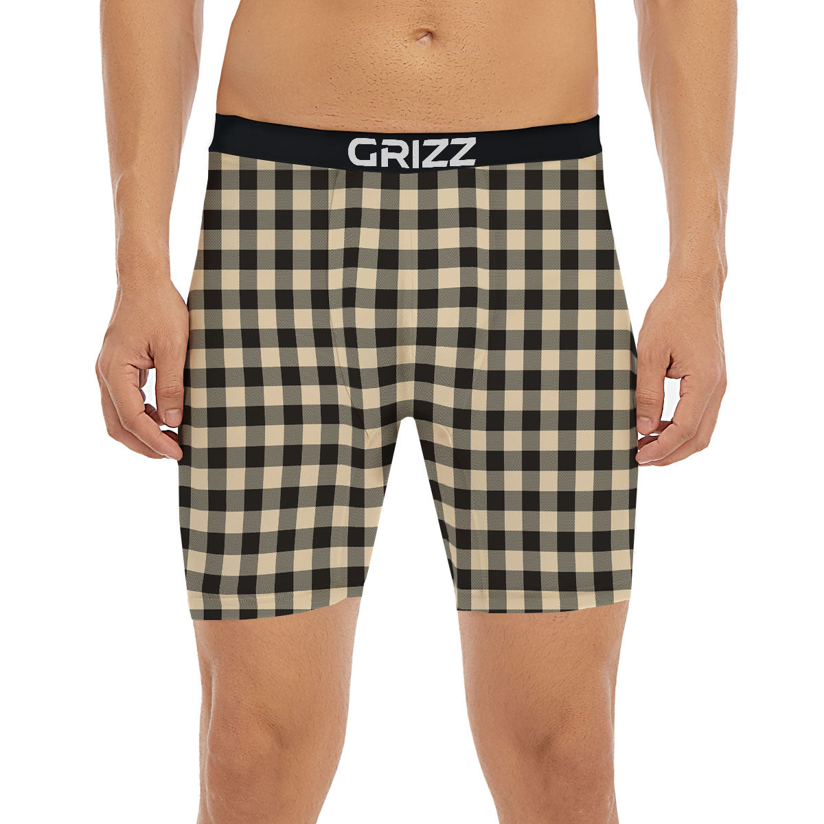 Buffalo Check Black And Beige Print Boxer Briefs-grizzshop