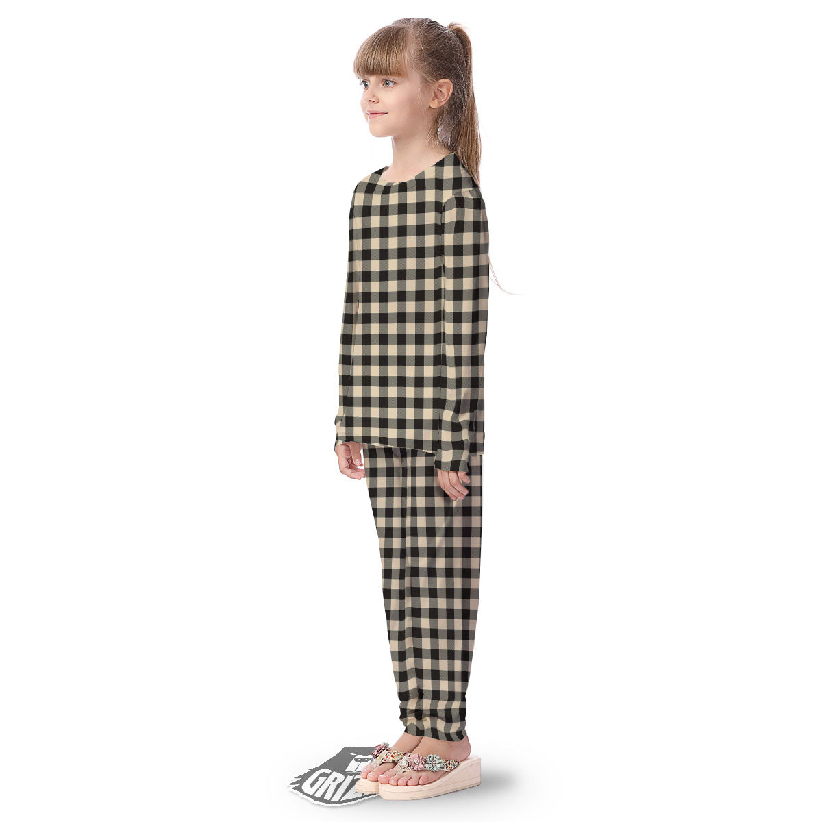 Buffalo Check Black And Beige Print Kid's Pajamas-grizzshop