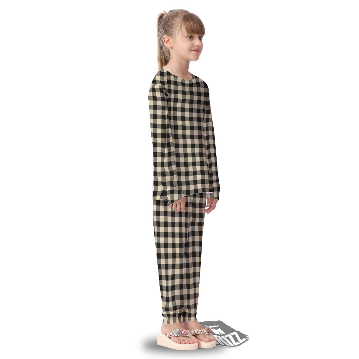 Buffalo Check Black And Beige Print Kid's Pajamas-grizzshop