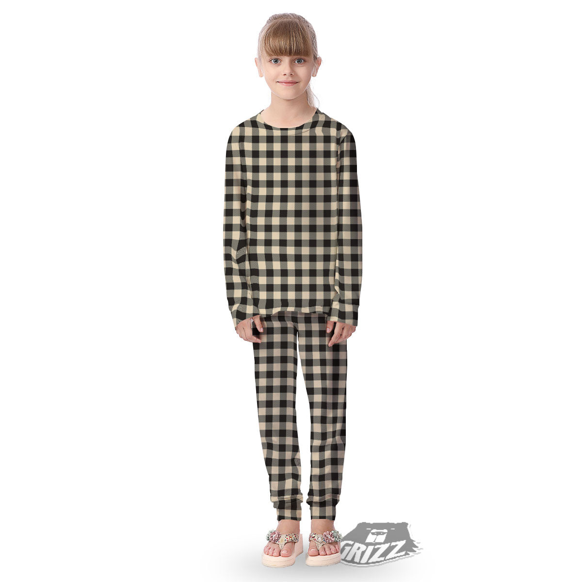 Buffalo Check Black And Beige Print Kid's Pajamas-grizzshop