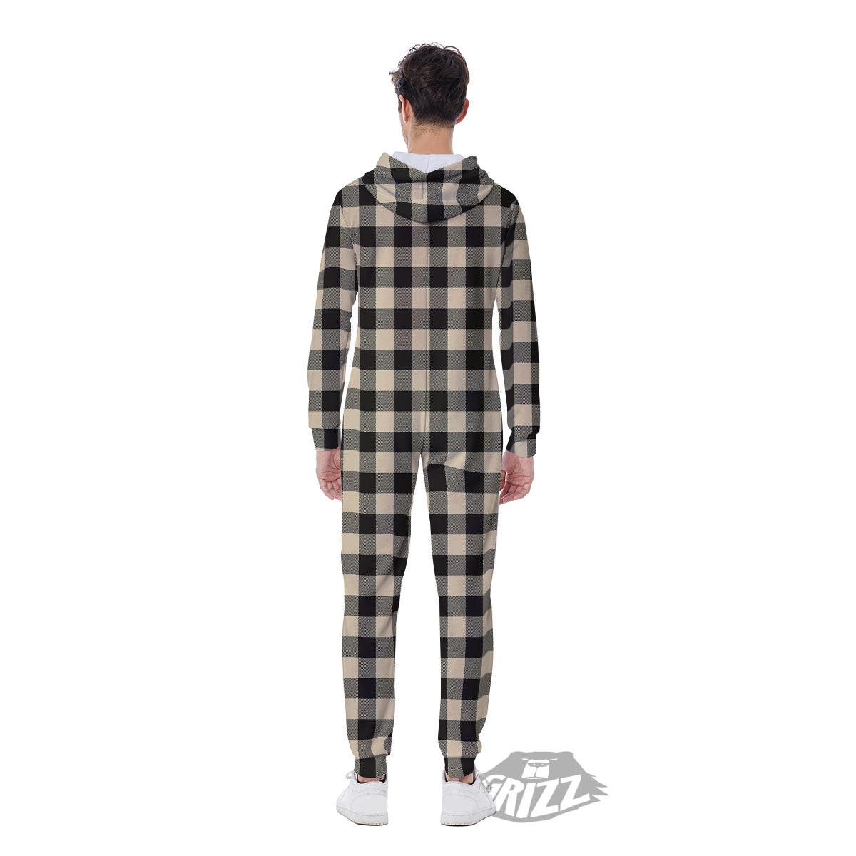 Buffalo Check Black And Beige Print Men's Jumpsuit-grizzshop