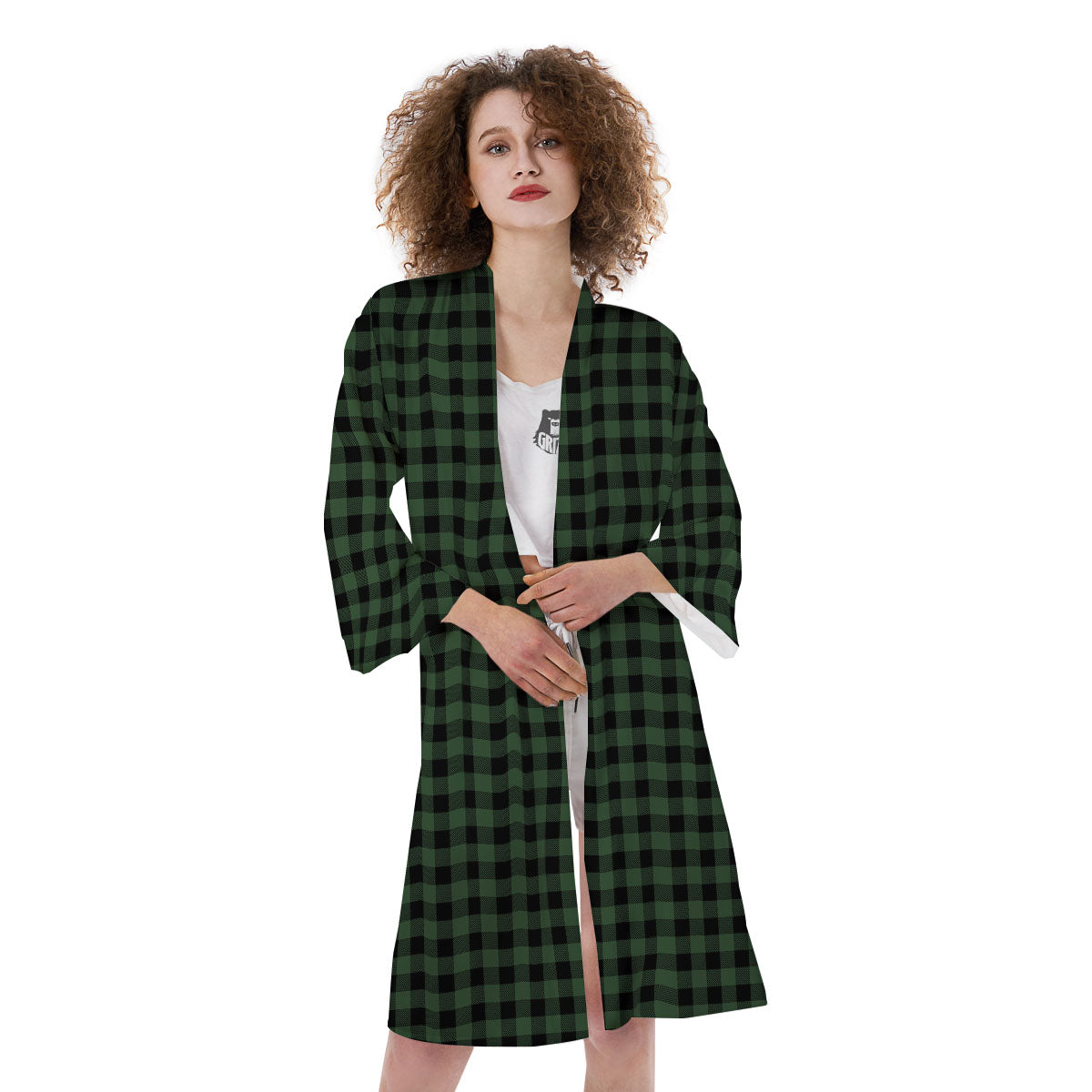 Buffalo Check Black And Green Print Kimono-grizzshop