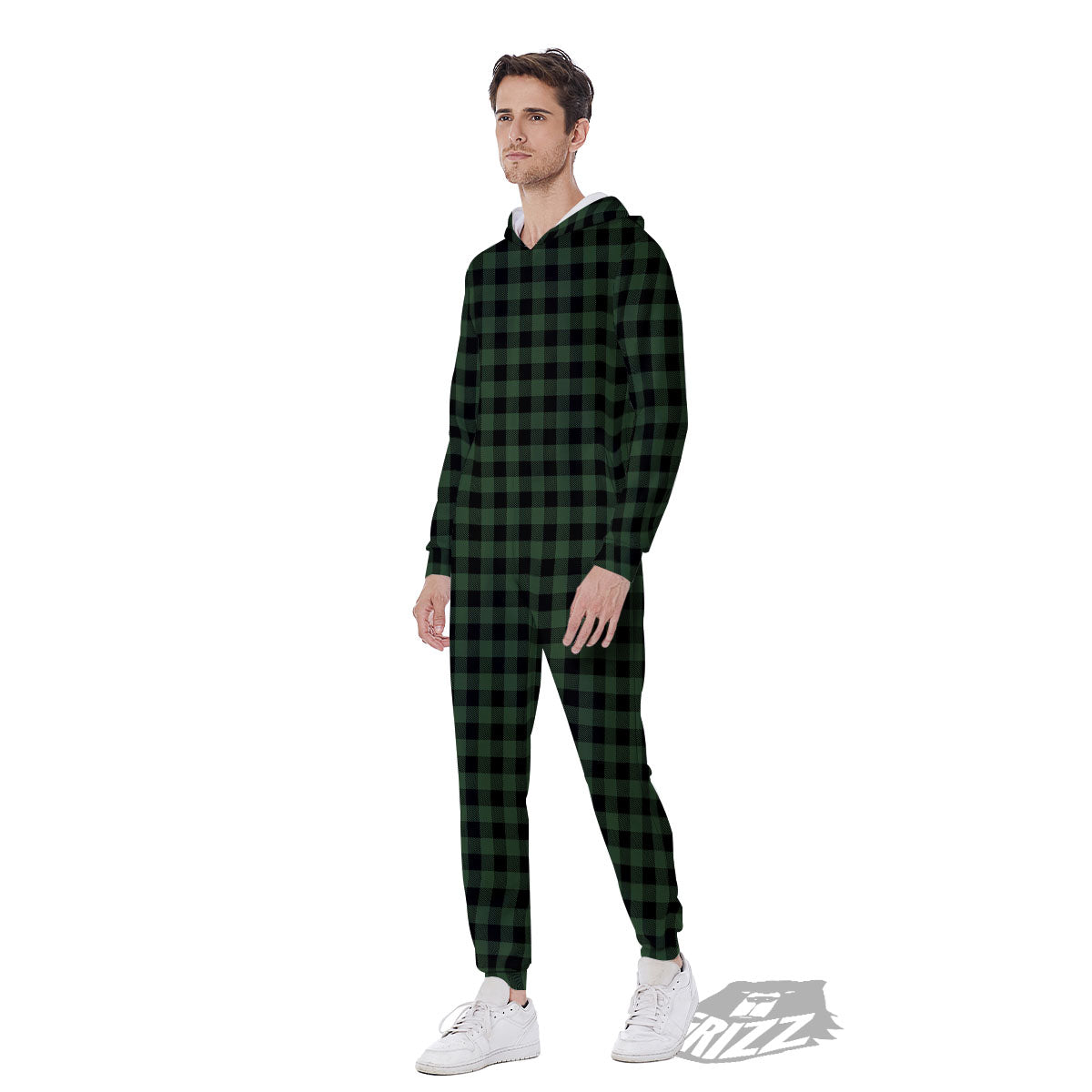 Buffalo Check Black And Green Print Men's Jumpsuit-grizzshop