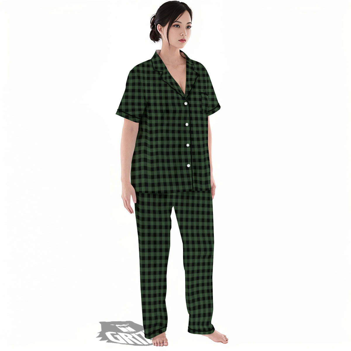 Buffalo Check Black And Green Print Women's Pajamas Set-grizzshop