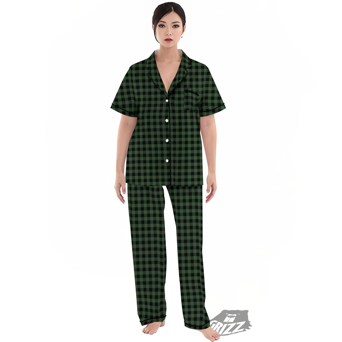 Buffalo Check Black And Green Print Women's Pajamas Set-grizzshop
