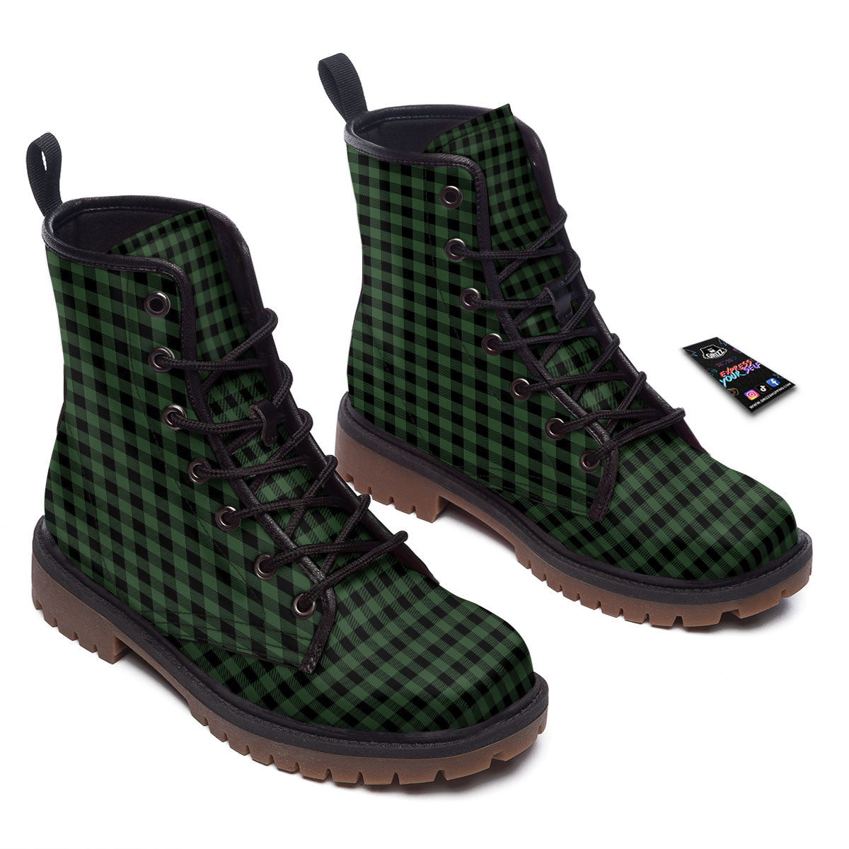 Buffalo Check Black And Green Print Work Boots-grizzshop