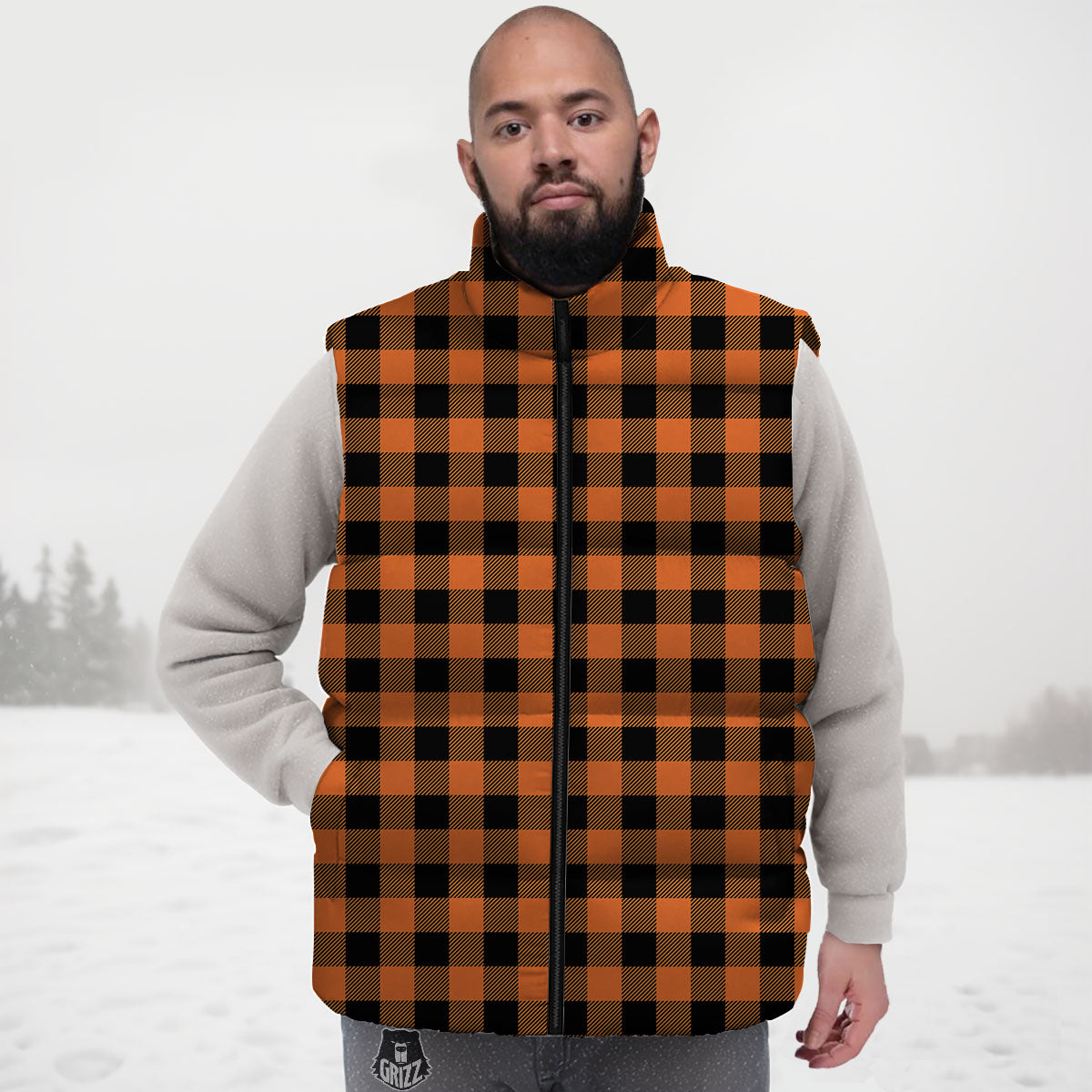 Buffalo Check Black And Orange Print Pattern Down Vest