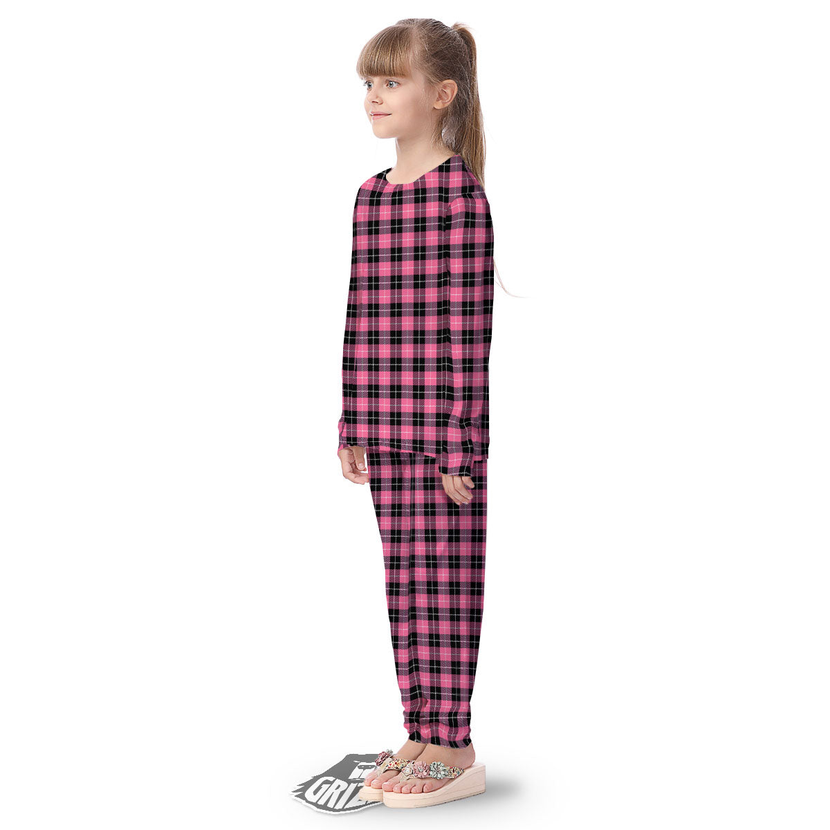 Buffalo Check Black And Pink Print Kid's Pajamas-grizzshop