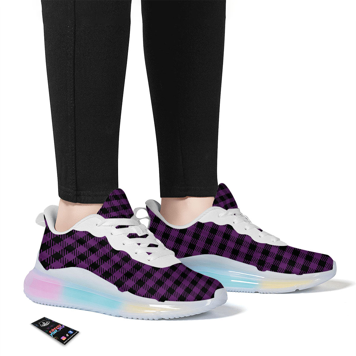 Buffalo Check Black And Purple Print Running Sneakers-grizzshop