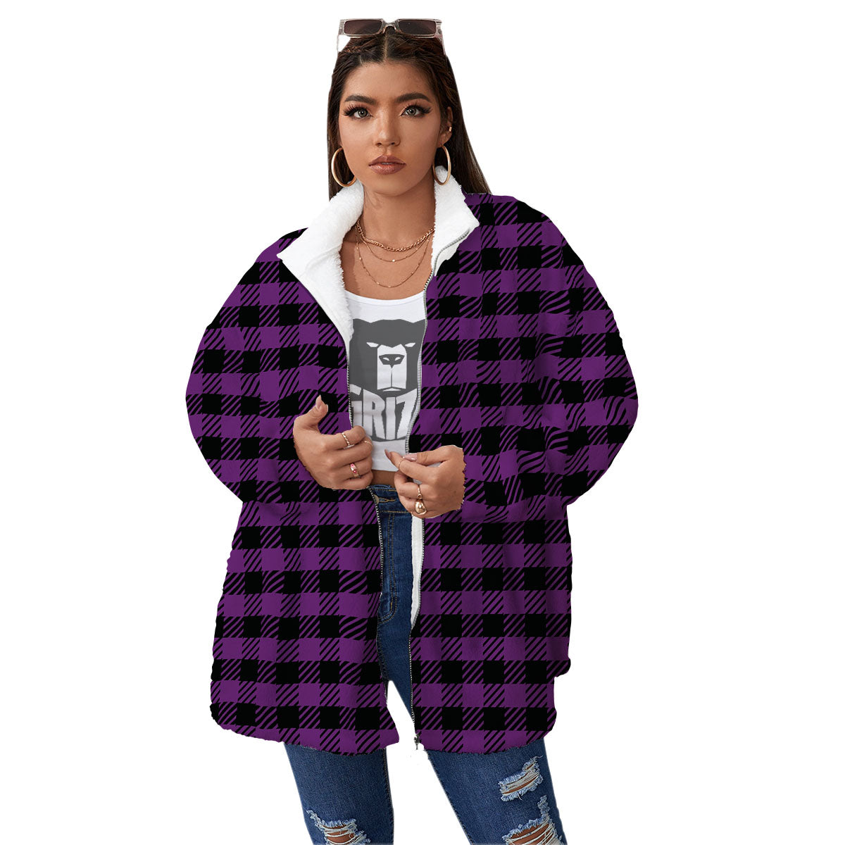 Buffalo Check Black And Purple Print Women's Sherpa Jacket-grizzshop