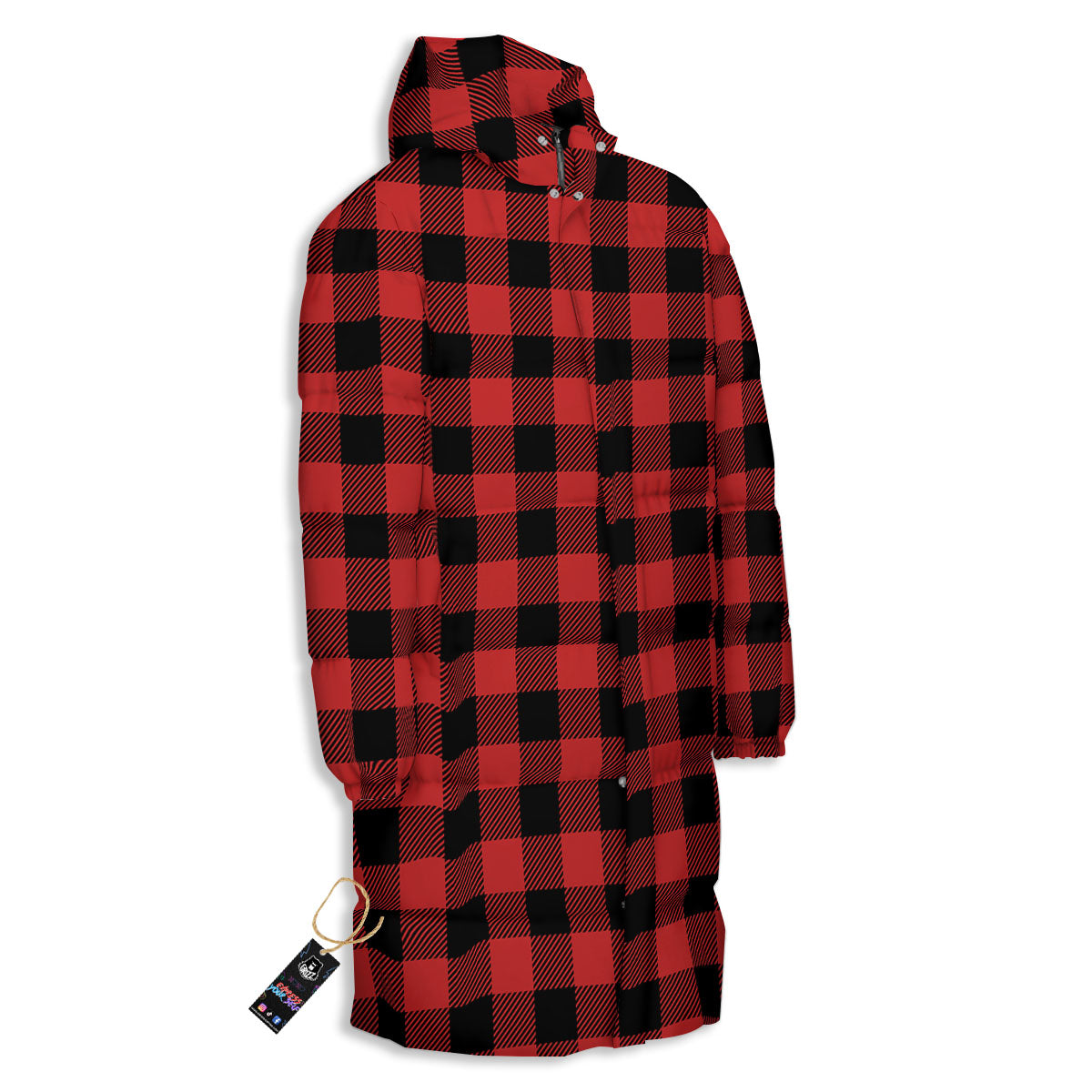 Buffalo Check Black And Red Print Long Down Jacket-grizzshop