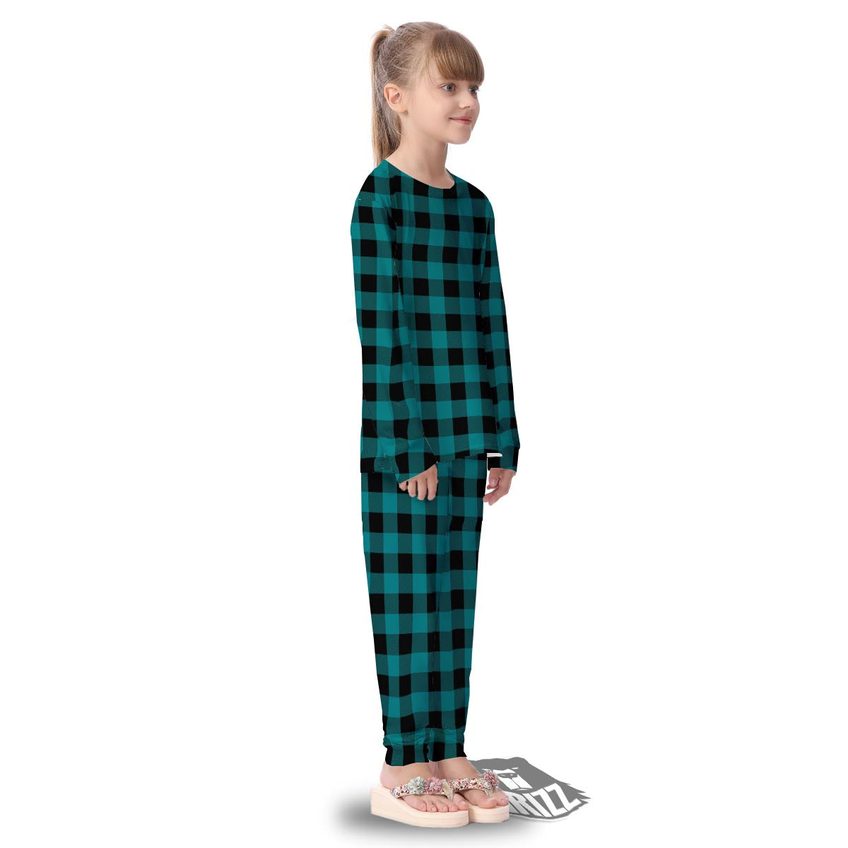 Buffalo Check Black And Teal Print Pattern Kid's Pajamas-grizzshop