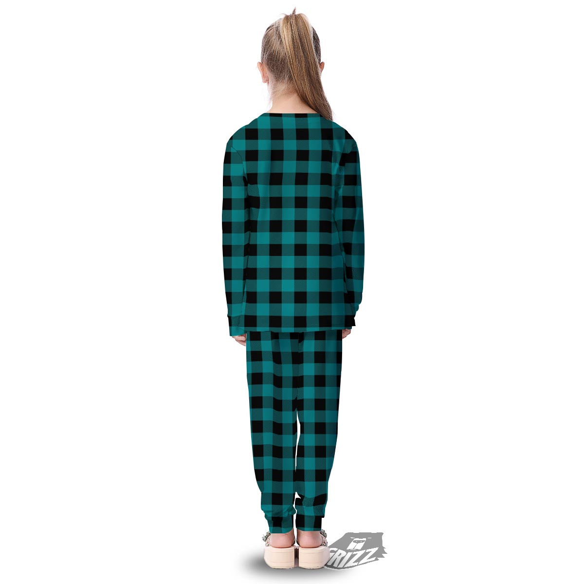 Buffalo Check Black And Teal Print Pattern Kid's Pajamas-grizzshop