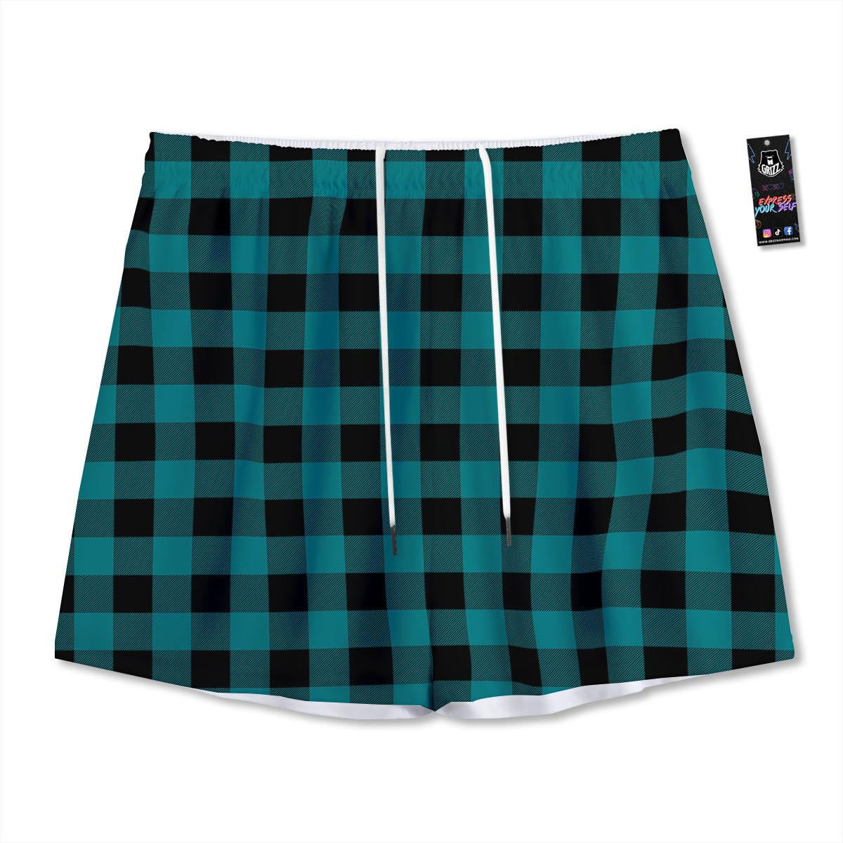 Buffalo Check Black And Teal Print Pattern Mesh Shorts